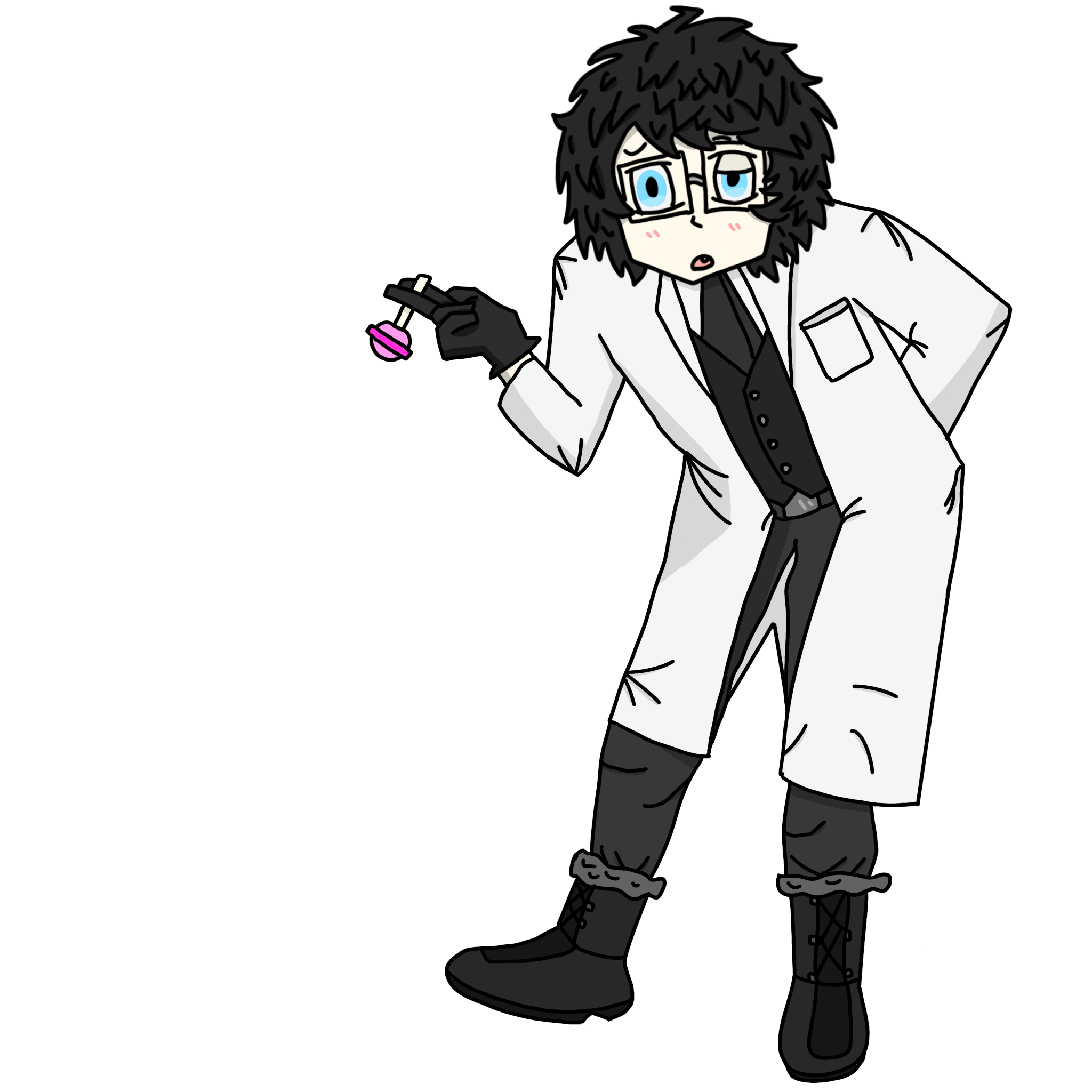 Shorehamax's illustrated character in a lab coat, holding a pink lollipop